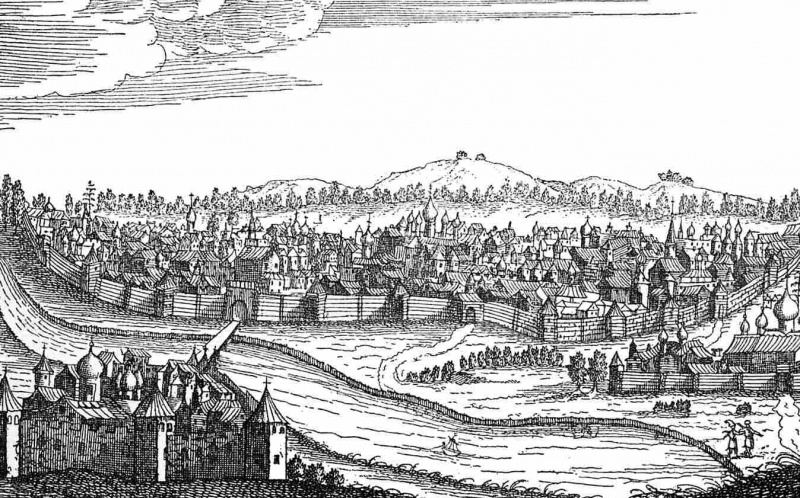 Ilustración de casas de troncos vikingos en Gran Novgorod al otro lado del río Volhov, Novgrad, Rusia