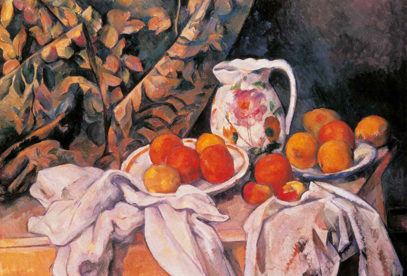 Cezanne klusā daba ar drapējumu un krūzi