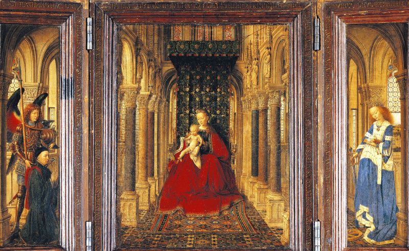 Madonna con bambino in un elaborato corridoio con archi e colonne