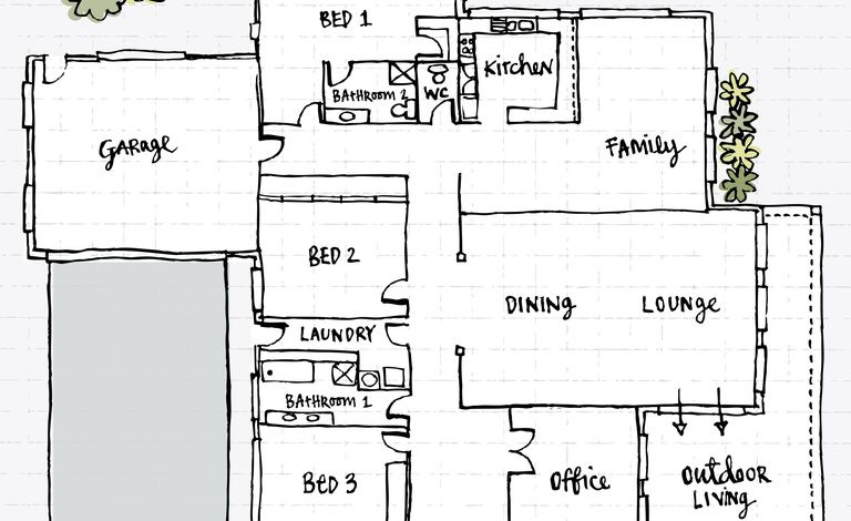 Den håndtegnede plantegningen til et hus har en garasje, soverom, familierom, spisestue/stue, kontor og utendørs oppholdsområde