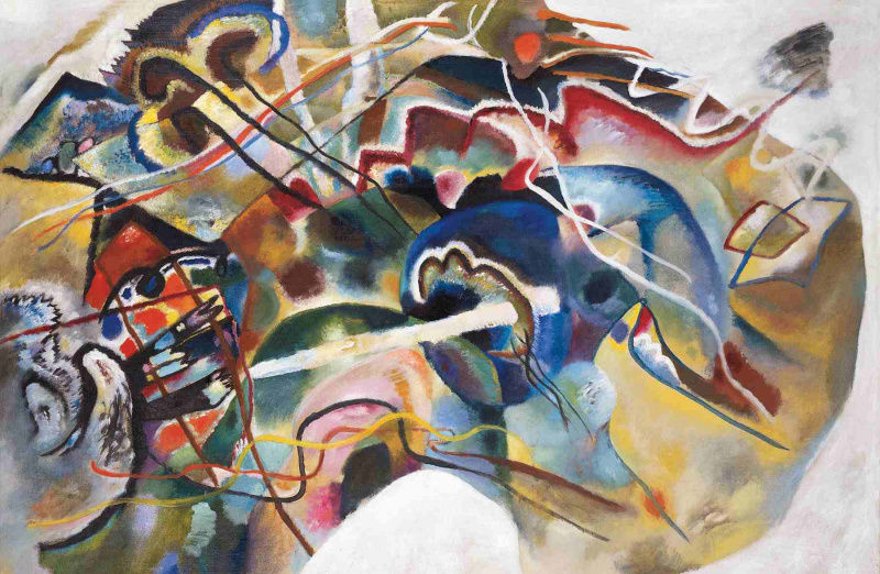 Wassily Kandinsky (russisk, 1866-1944) Wassily Kandinsky (russisk, 1866-1944). Maleri med hvit kant (Moskva) (Bild mit weißem Rand [Moskau]), mai 1913. Olje på lerret. 55 1/4 x 78 7/8 tommer (140,3 x 200,3 cm). Solomon R. Guggenheims grunnsamling, ved gave 37.245.