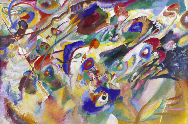 Wassily Kandinsky (russisk, 1866-1944) Wassily Kandinsky (russisk, 1866-1944). Skisse 2 for komposisjon VII, 1913. Olje på lerret. 39 5/16 x 55 1/16 tommer (100 x 140 cm). Gabriele Münter Foundation, 1957. Bygalleri i Lenbachhaus, München.