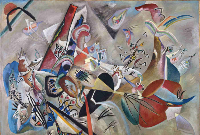 Wassily Kandinsky (russisk, 1866-1944) Wassily Kandinsky (russisk, 1866-1944). I grått (Im Grau), 1919. Olje på lerret. 50 3/4 x 69 1/4 tommer (129 x 176 cm). Legat av Nina Kandinsky, 1981. Musée national d