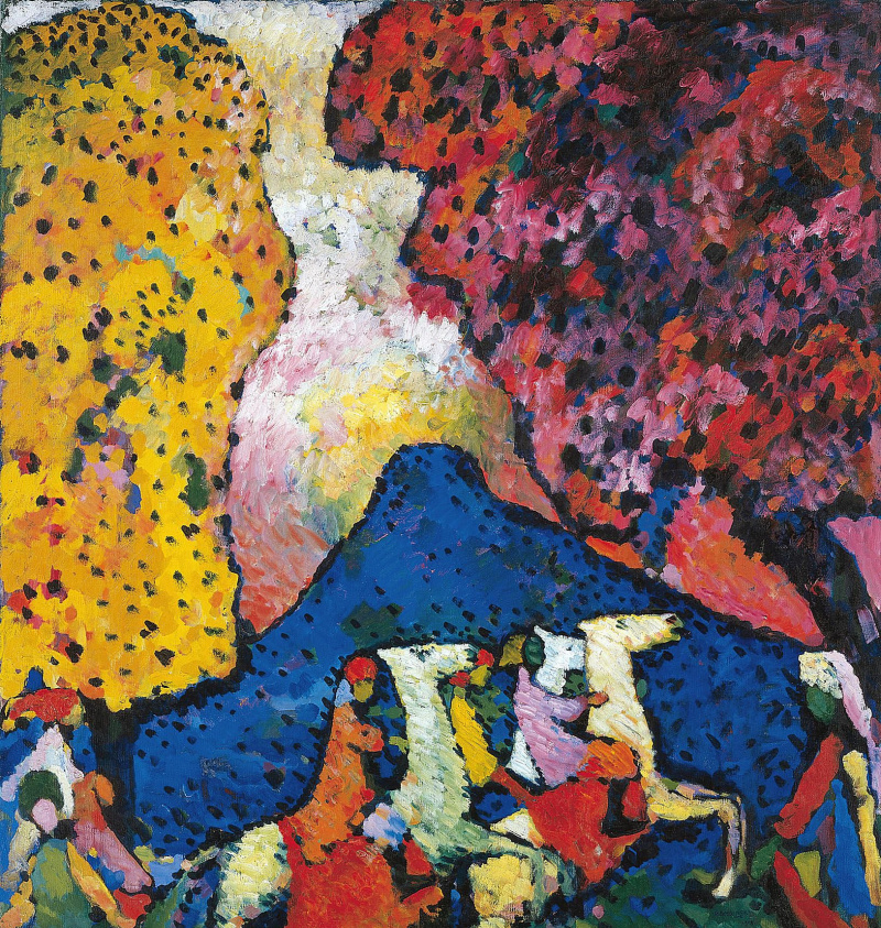 Wassily Kandinsky (russisk, 1866-1944) Wassily Kandinsky (russisk, 1866-1944). Det blå fjell (Der blaue Berg), 1908-09. Olje på lerret. 41 3/4 x 38 tommer (106 x 96,6 cm). Solomon R. Guggenheims grunnsamling, ved gave 41.505. Solomon R. Guggenheim-museet, New York.