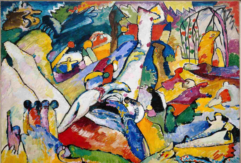 Wassily Kandinsky (russisk, 1866-1944) Wassily Kandinsky (russisk, 1866-1944). Skisser til komposisjon II, 1909-10. Olje på lerret. 38 3/8 x 51 5/8 tommer. (97,5 x 131,2 cm). Solomon R. Guggenheims grunnsamling 45.961. Solomon R. Guggenheim-museet, New York.
