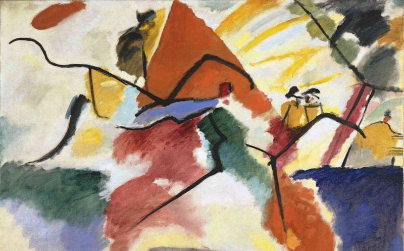 Wassily Kandinsky (russisk, 1866-1944) Wassily Kandinsky (russisk, 1866-1944). Impression V (Park), mars 1911. Olje på lerret. 41 11/16 x 62 tommer (106 x 157,5 cm). Gift of Nina Kandinsky, 1976. Musée national d