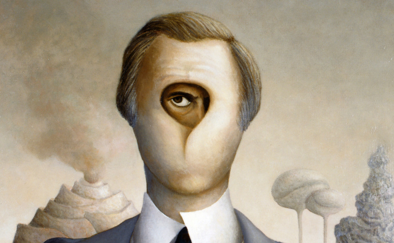 Surrealistisk maleri av en mann med ett øye synlig bak en maske.